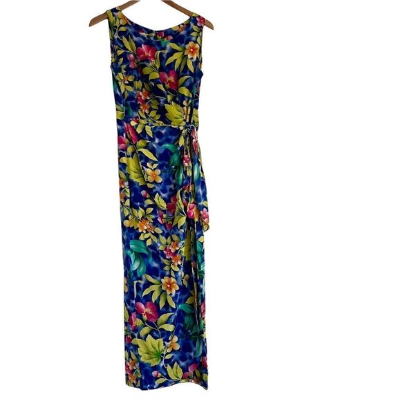 Vintage Robbie Bee Silk Tropical Floral Faux Wrap Maxi Dress with Side Tie 6 - Picture 1 of 6